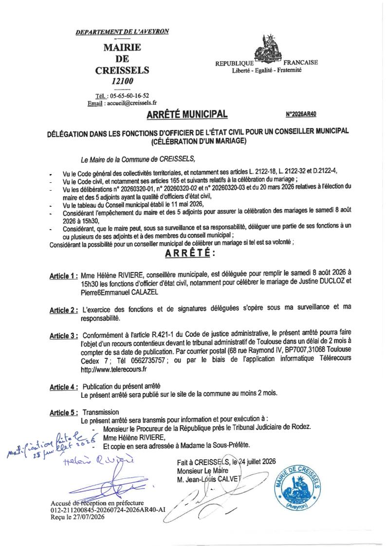 Arrêté de délégation fonction d'officier d'état civil